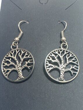 Tree Of Life Dangle Earrings Silver Tone Metal Hook Lightweight Minimalist Desig
